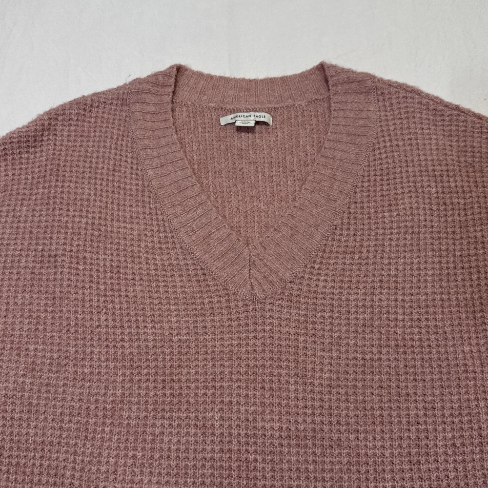 American Eagle Women's Small Dusty Rose V Neck Waffle Knit Sweater - Picture 3 of 8